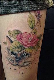 Gyönyörű és gyönyörű macska rózsa tetoválás képe a női lábak