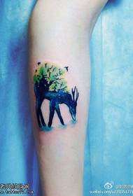 Leg color deer tree tattoo pattern