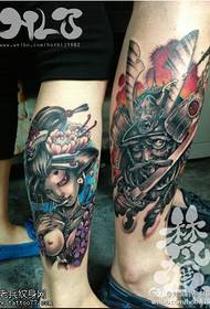 Modello di tatuaggio guerriero geisha coppia gamba