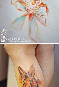 ลายขาที่มีสีสันแบบหลายองค์ประกอบของ Alice Rabbit tattoo