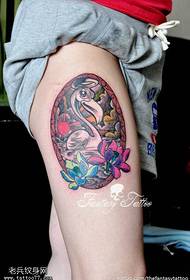 Female legs colored swan lotus tattoo pattern