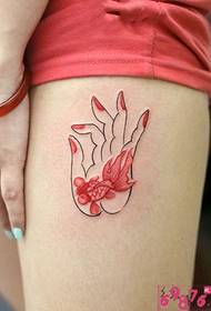 Buddha hånd hjerte rød liten blekksprut lår tatovering bilde