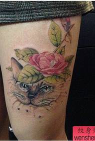 Djevojka na nogama mačka ruža tetovaža djeluje
