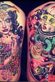 Leg color school style tattoo work