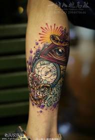 Leg color god eye rose clock tattoo work