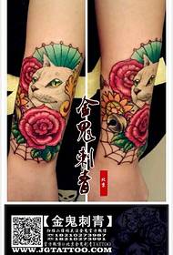 腿時尚可愛的貓咪與玫瑰紋身圖案