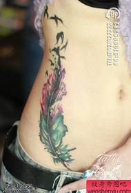 女人的側腰色羽毛feather紋身作品