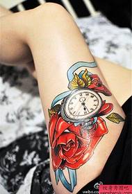 Girl legs rose clock tattoo pattern