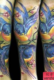 Beautiful and beautiful European and American color small swallow tattoo on the legs