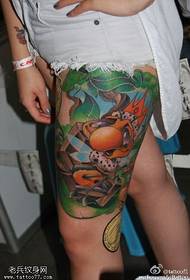 a set of beautiful color drawing tattoo designs on the thigh