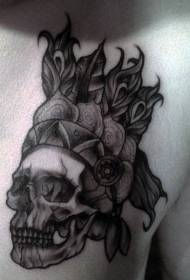 chest engraving style black indian skull with helmet tattoo pattern