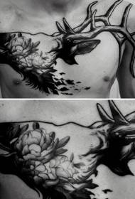 unique black elk head with wonderful floral chest tattoo pattern