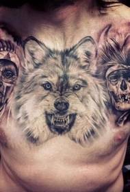chest mysterious black gray realistic wolf with Indian chief portrait tattoo pattern