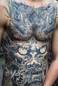 hrudník a břicho podivné černé fantasy dračí tetování vzor