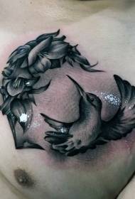 Грудички црни сиве птице и цветни узорак за тетоважу груди