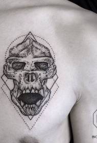 crâne de singe noir style gravure poitrine avec motif de tatouage géométrique