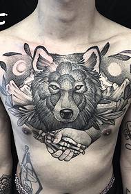 pecho lobo cabeza escénica pinchazo patrón de tatuaje europeo y americano