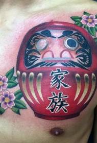 chest Japanese style Dharma and flower tattoo pattern