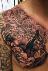 chest black gray flowers and tombstones Letter tattoo pattern