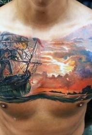груди колір реалістичні великий корабель на морі татуювання візерунок