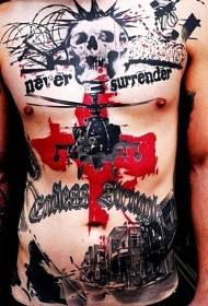 disegno del tatuaggio a colori su larga scala stile militare petto e addome