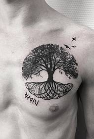 manliga bröstet träd linje fågel tatuering mönster