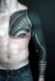 arm and chest large area Black with Polynesian totem tattoo pattern