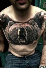 胸部逼真的黑灰色咆哮的熊紋身圖案