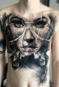 bröst och mage svart överlappande kvinna porträtt med tatuering mönster med skalle