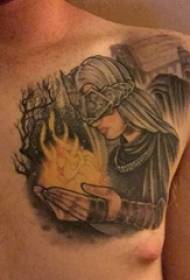 Junge Brust Tattoo schwarz und weiß grau Stil Prick Tattoo Charakter Porträt Tattoo Bild