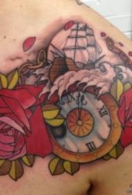 胸部欧美时钟玫瑰帆船纹身图案