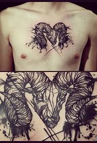 chest horn sheep line splash ink tattoo pattern