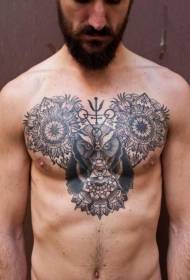 modèle mystérieux de tatouage de symbole de fleur et de hibou Brahma de poitrine