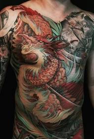 Viso japoniško stiliaus drakono ir samurajaus tatuiruotės modelis
