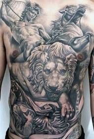 świetny starożytny grecki wojownik i lew wzór tatuażu na klatce piersiowej i brzuchu