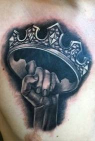 realistic style black and white hand-held crown chest tattoo pattern