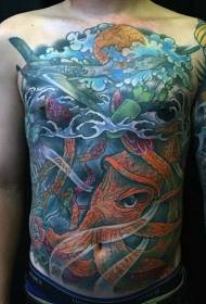 hrudník a břicho vícebarevný vojenský bojovník a chobotnice tetování vzor 51492 - polovina prsou černé a bílé tetování vzor