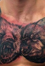 гърдите много реалистичен цвят ревящ вълк и мечка татуировка модел