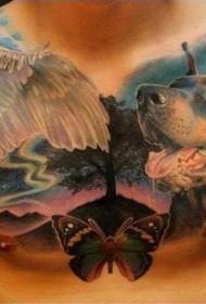 Brust Dobermann und Schwan Flügel und Schmetterling Tattoo Muster