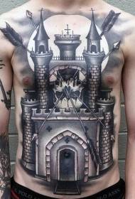 peito e abdome branco e negro grande castelo e patrón de tatuaxe de frecha