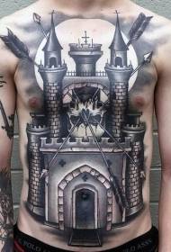 petto e addome in bianco e nero grande castello teschio e freccia tatuaggio