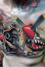 piano di colore divertente al petto con motivo tatuaggio aviatore di uccelli