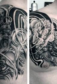 Guerreiro en branco e negro de estilo asiático con patrón de tatuaxe de tigre