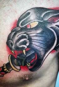 черна пантера с кинжал прост модел татуировка на гърдите