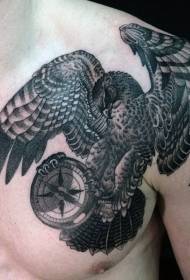 chest nautical Theme black eagle and compass tattoo pattern