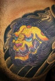 Chest yellow Asian lion tattoo pattern