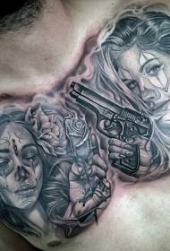 Glezn portret feminin negru în stil tradițional mexican și model tatuaj pistol
