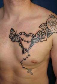 Heren borst hartvormig Cross Rose tattoo patroon