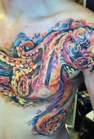 bellissimo modello di tatuaggio polpo colorato sulla spalla e sul petto