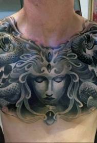 dada melamun ular pola tato potret Medusa hitam dan putih